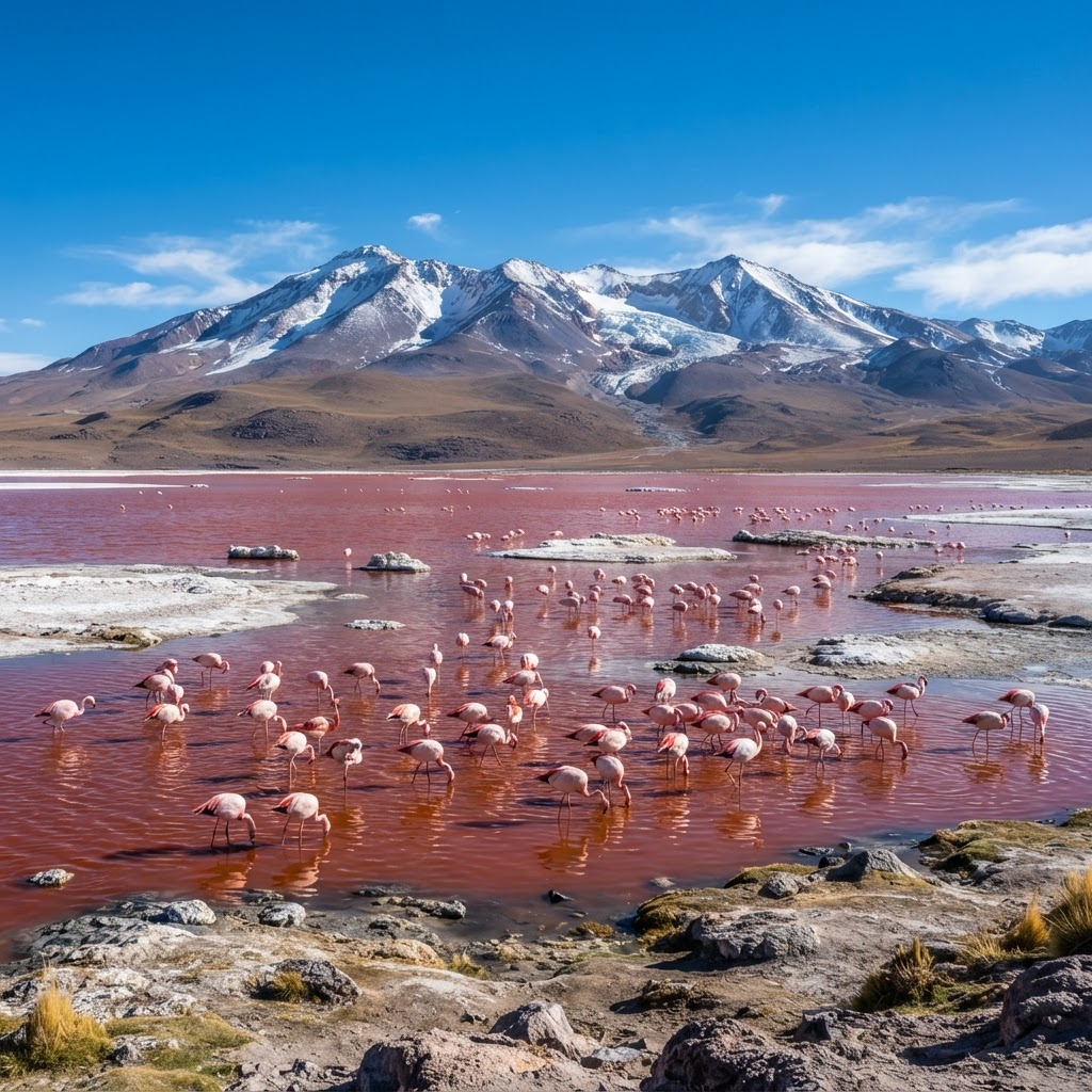 Flamingos on the red Laguna Colorada
