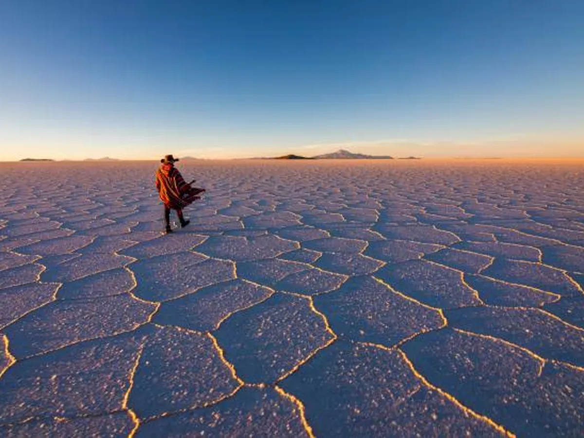 The hexagonal salt tiles at sunset in the dry season